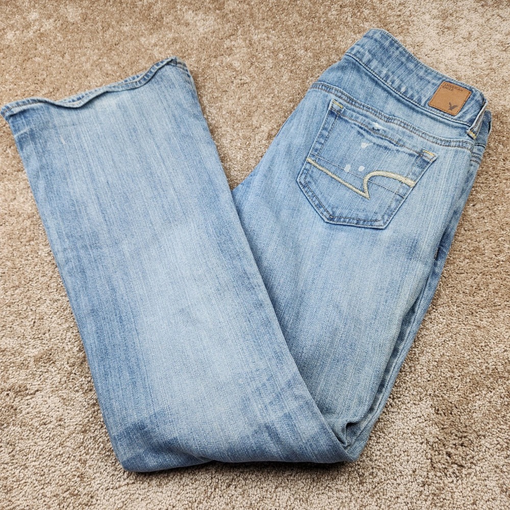 American Eagle Artist Flare Jeans Light Wash Distressed Paint Splatter 12 Reg